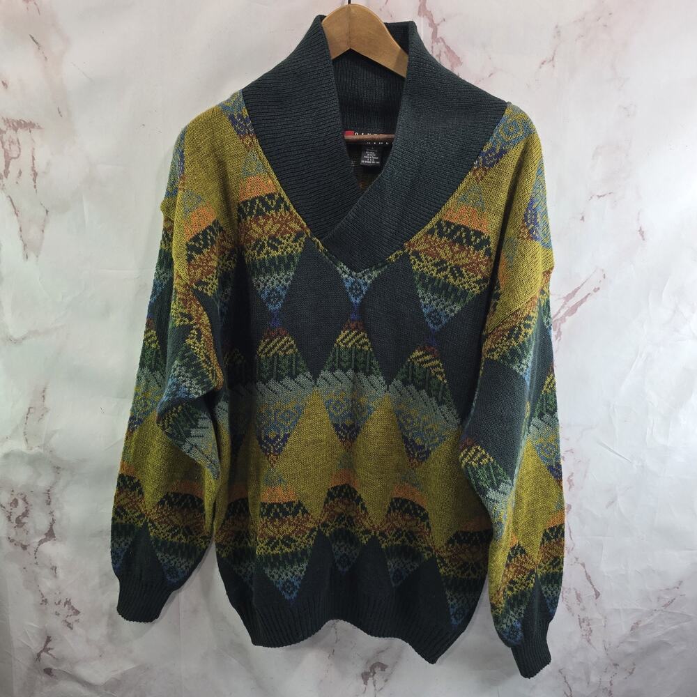 Vintage Sweater Mens Large Green Shawl Neck 90s 80s Wool Blend Grandpa Hip Hop